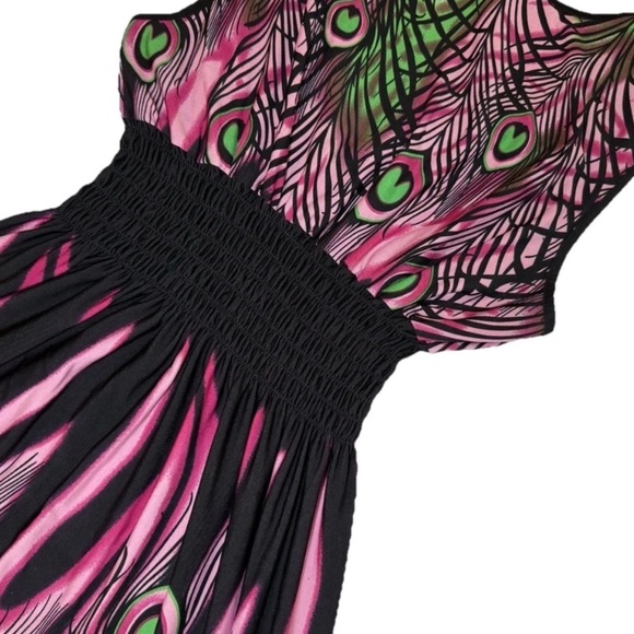 Summer Sundress Women Pink Peacock Beach Slimming Sleeveless Smock Dress M READ - Picture 2 of 11